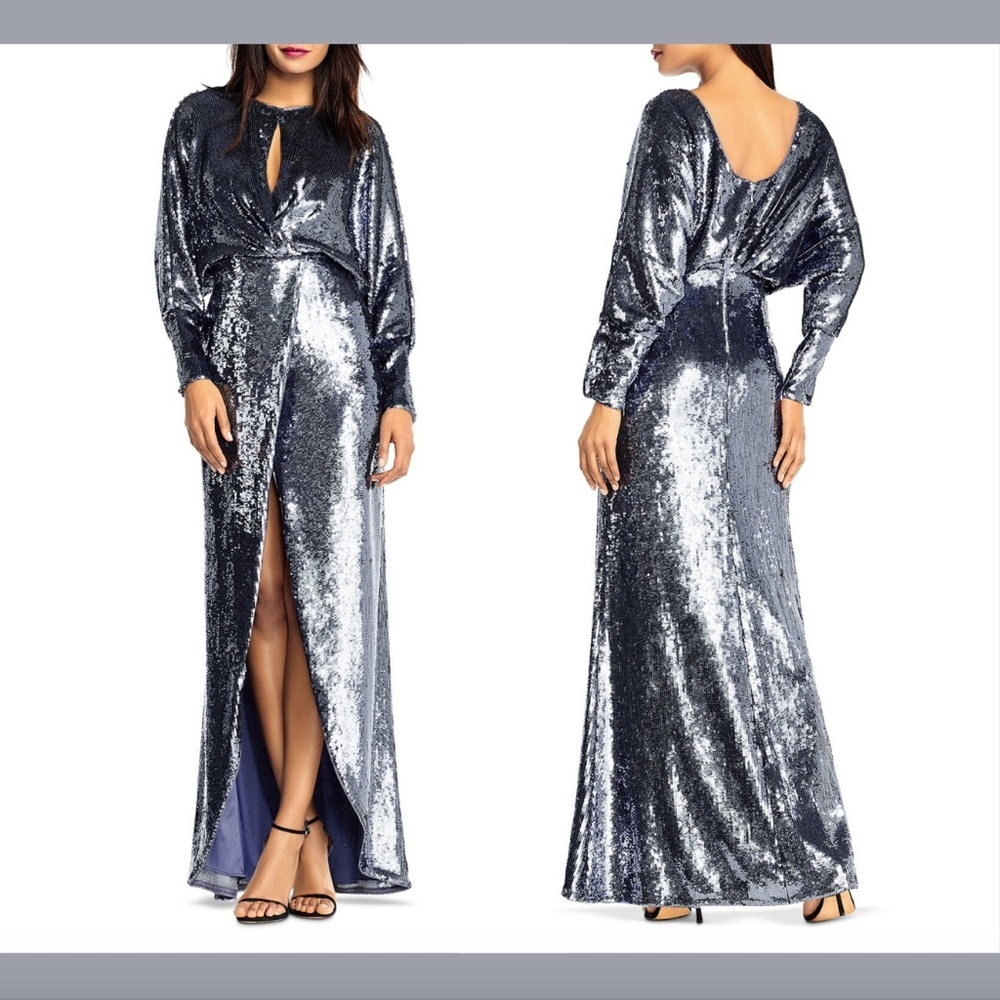 NWT $395 Aidan Mattox Long-Sleeve Draped Sequin Gown Silver [‎ SZ 0 ] #E924